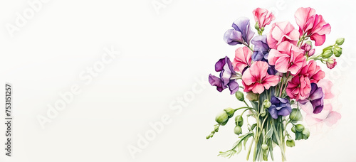 Romantic bouquet watercolor of Sweet pea full view in vase on a light background, in bright colors. For Birthday, Easter, Mother day, Valentine's day greeting banner, card, copy space.