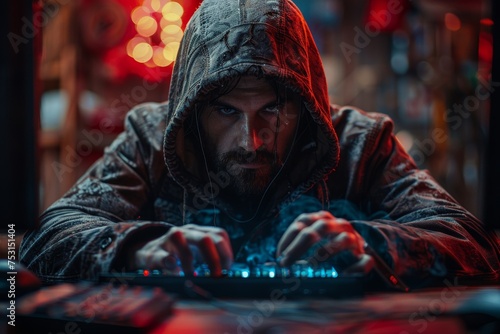 Dark hooded figure poised intensely over an illuminated keyboard, suggesting the theme of hacking or cyberwarfare photo