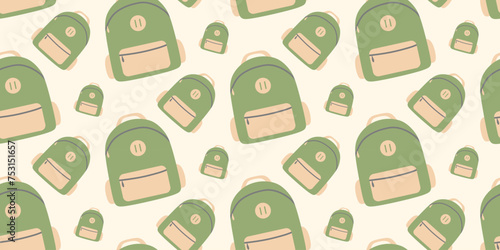 Seamless Backpack pattern. Vector Flat Illustration. Travel, nikes, trips tourism, voyage or vacation background wallpaper, textile, wrapping. Travelers luggage print. Sports bag. Model with pockets.