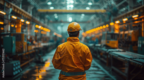 A worker in an orange hazmat suit and helmet looks out over the production floor