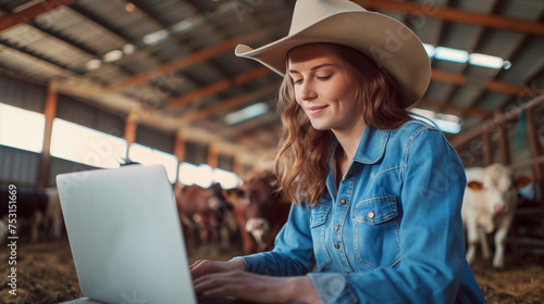 Smart Farming: A dairy farmer uses a laptop in a shed, integrating technology into cattle farming.