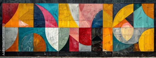 Geometric street art featuring abstract curved shapes in bold colors on an aged concrete wall.