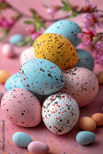 Easter card with colorful eggs in light colors, festive mood