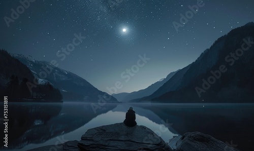 Man Standing Under night sky and stars shine in backgrounds. photo