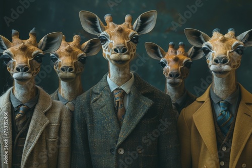 Serene giraffes elegantly dressed in suits, combining natural wildlife aesthetics with an unexpected humanized sartorial twist photo