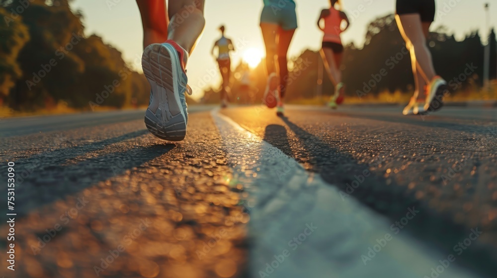 Sunset Jogging on an Asphalt Road. Group of people jogging on an asphalt road at sunset, with a focus on healthy lifestyle and outdoor running.
Sunset Jogging on an Asphalt Road. Group of people jogging on an asphalt road at sunset, with a focus on healthy lifestyle and outdoor running.