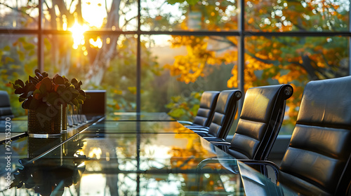 Evening photo of alarge conference room with large table and many chairs. The office's large windows provide plenty of sunlight. photo