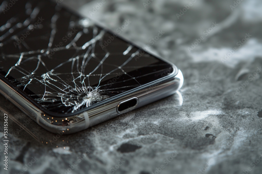 Smartphone with a shattered screen lying on a marble surface Smartphone with a shattered screen lying on a marble surface