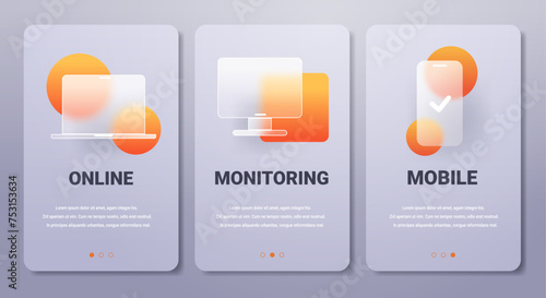 Mobile app pages in glassmorphism style with devises icons. Gadgets vector banners set.