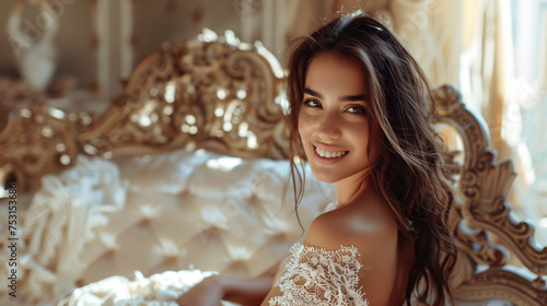A captivating image of a young woman in a lace dress sitting elegantly on a white couch in a brightly lit room, her radiant smile enhancing the beauty of the surroundings with its sheer positivity.