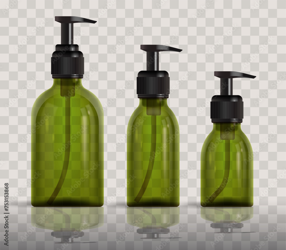 Set of green eco cosmetic bottles of different sizes with dispenser pump. Realistic vector illustration on transparent background Set of green eco cosmetic bottles of different sizes with dispenser pump. Realistic vector illustration on transparent background
