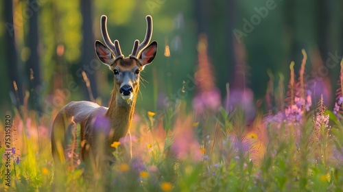 Buck capreolus capreolus in the summertime on a flower filled grassland. The Roebuck at dusk. Wild animal in its native habitat. adorable male deer in the woods