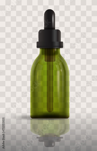 Green glass bottle with pipette. Cosmetic pipette vector illustration on transparent background