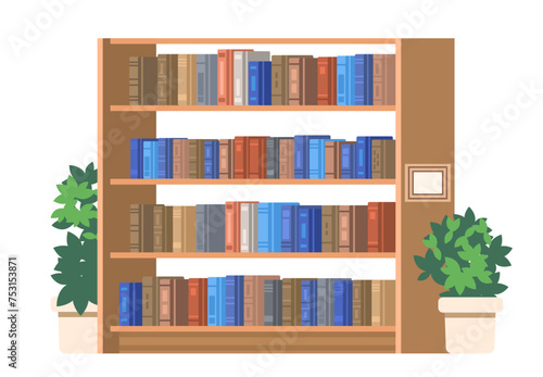 Bookshelf with colored books on isolated background. Flat vector element