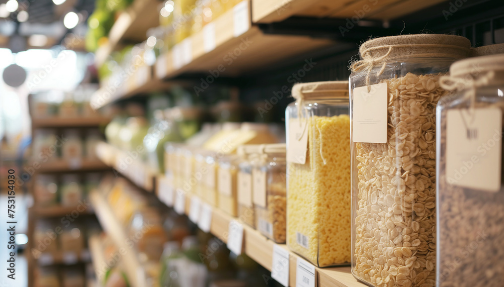 Porridges, cereals, kinds of pasta are stored in glass jars carefully placed on Eco-friendly store shelves. Successful business, real estate interior, zero waste food consumption concept image. Porridges, cereals, kinds of pasta are stored in glass jars carefully placed on Eco-friendly store shelves. Successful business, real estate interior, zero waste food consumption concept image.