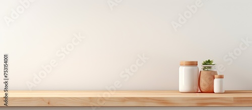 Minimal cozy product presentation background with bright wood counter and warm white wall
