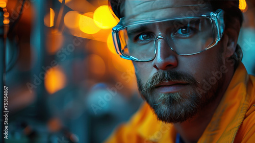 Portrait of a man in safety goggles and orange suit with a serious look, against a background of blurred lights.