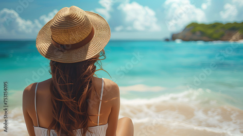 Photo of girl in straw hat looking at the sea. Photo from behind. Time for summer vacation and relaxation.