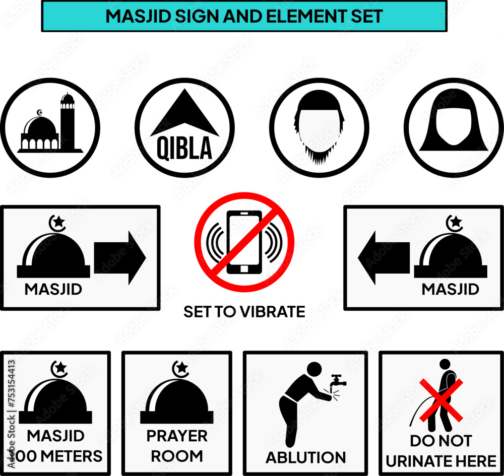 Mosque signs or labels such as mosque directions, gender signs, Qibla ...