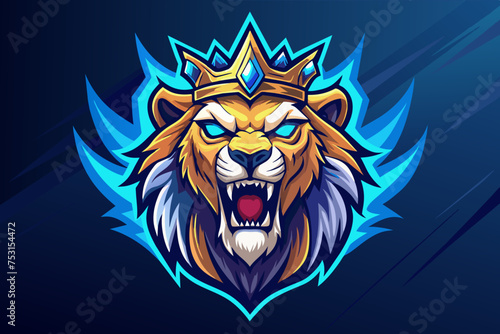 angry lion with blue shine eye and king crown on head   for esport gaming logo