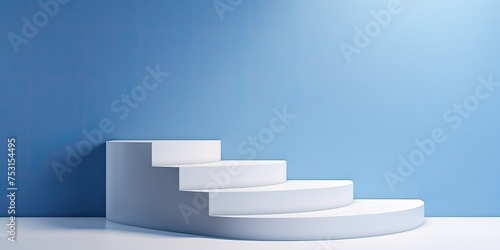 Minimal geometric design display podium with blue wall and white stairs for cosmetic presentation and mock-up purposes. © Vusal