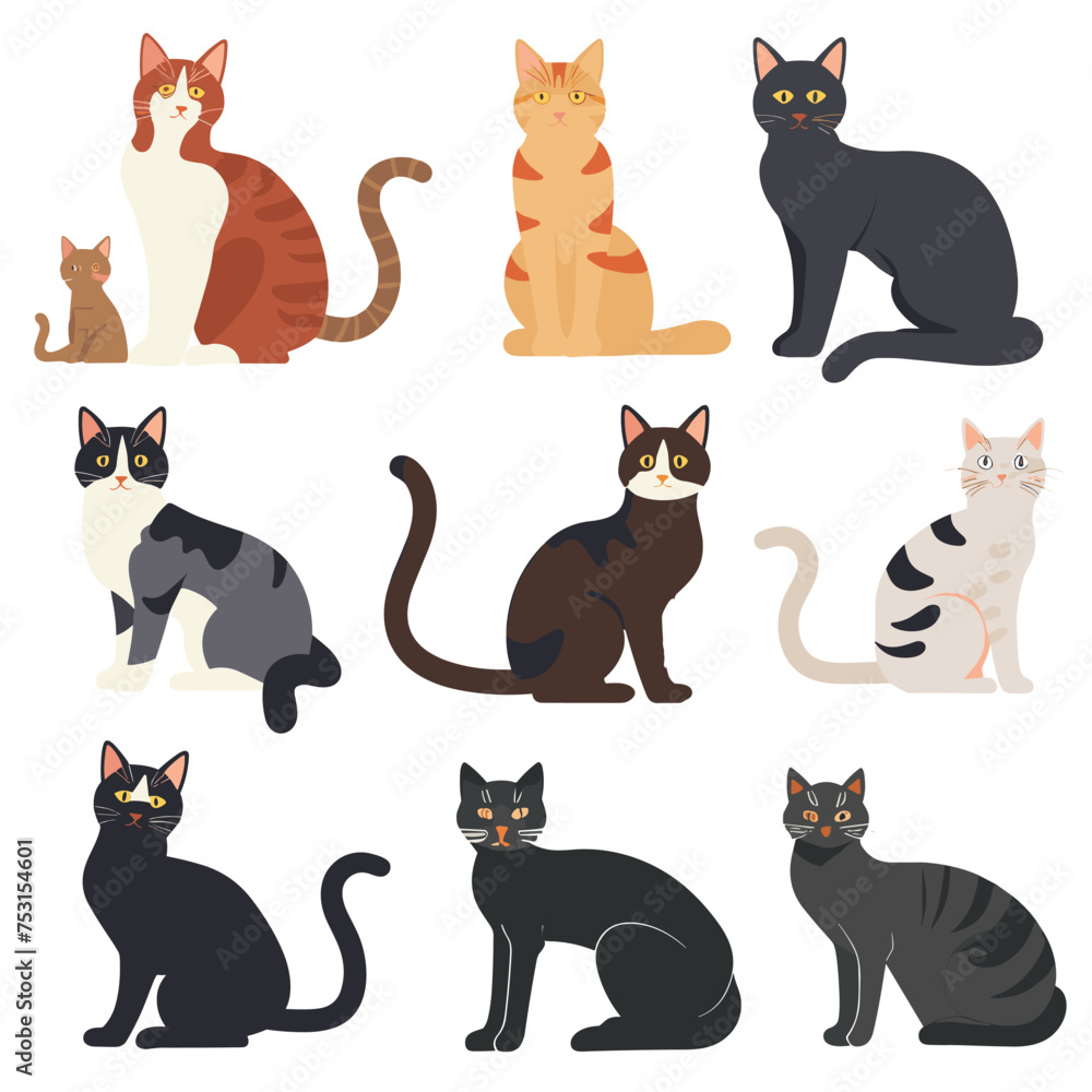 vector cute cat cartoon characters illustrations set isolated on background