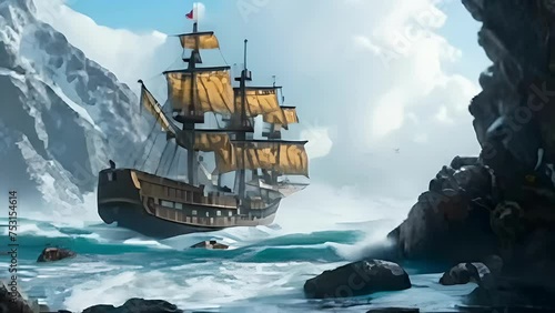 An animated vintage sailboat makes its way through a stormy sea surrounded by rocks.
Concept: sea adventures, historical sailing fleet, sailing in extreme conditions and the power of natural elements. photo