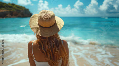 Photo of girl in straw hat looking at the sea. Photo from behind. Time for summer vacation and relaxation. © CozyDigital