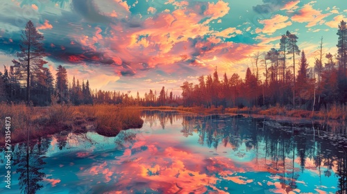 The twilight sky with whimsical pink and blue hues reflects beautifully in the calm waters of a secluded forest lake.