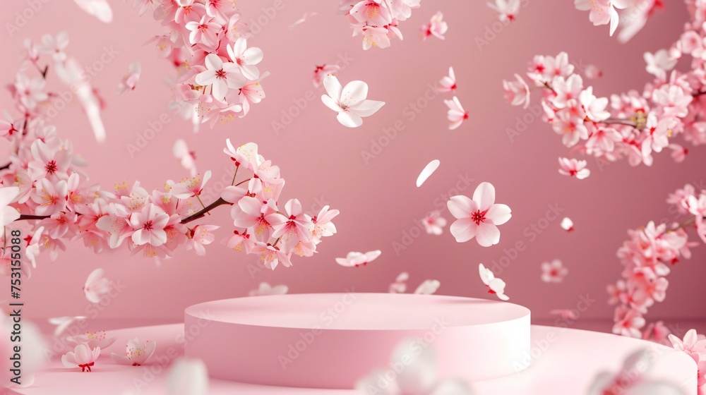 Cherry blossom inspired scene with a delicate pink podium amidst falling petals perfect for spring themed product showcases Cherry blossom inspired scene with a delicate pink podium amidst falling petals perfect for spring themed product showcases