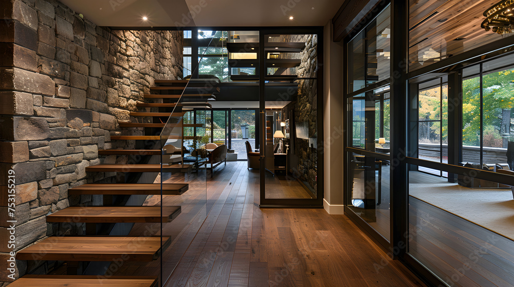 Country house entrance and reception area hardwood stairs stone claded wall hardwood flooring dark wood theme sitting room in view through double glass panneled doors interior home design