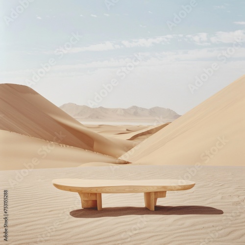 Chic wooden stand in a minimalist desert landscape emphasizing the beauty of simplicity for lifestyle products