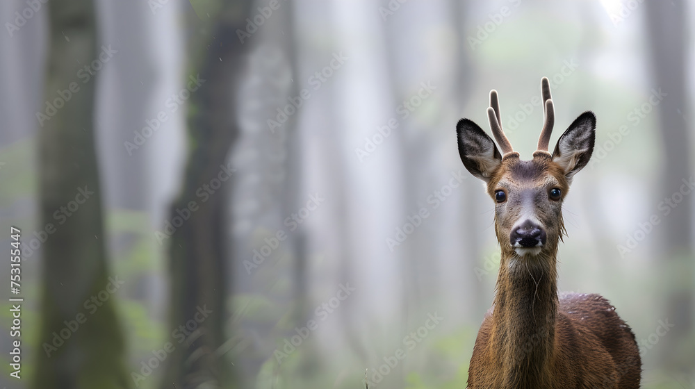 Curious roe deer roebuck with ears up in misty woodlands Curious roe deer roebuck with ears up in misty woodlands