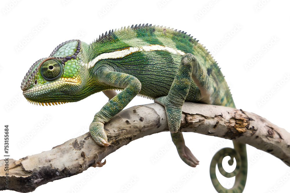 Vibrant Chameleon Perched on a Branch against White Background Vibrant Chameleon Perched on a Branch against White Background