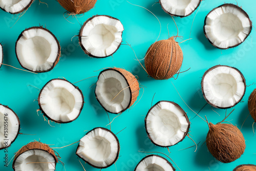 fruit pattern of fresh coconut slices on green background. Top view
