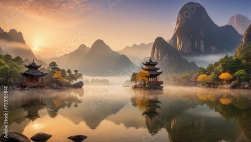 A serene landscape with sunset over the mountain and Chinese Pavilion Temple on the riverbank