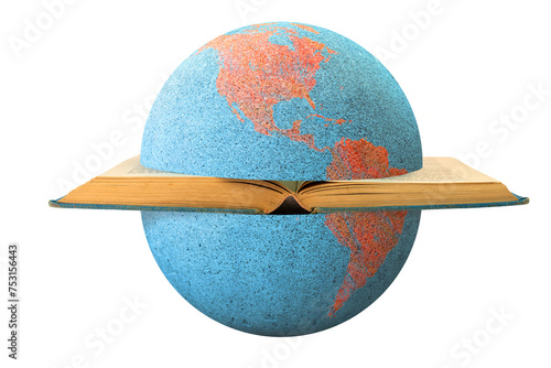 Earth globe divided by a book showing America: concept of division and war. The open book symbolizes the cultures that divide the world and cause discord, dissension and wars. photo