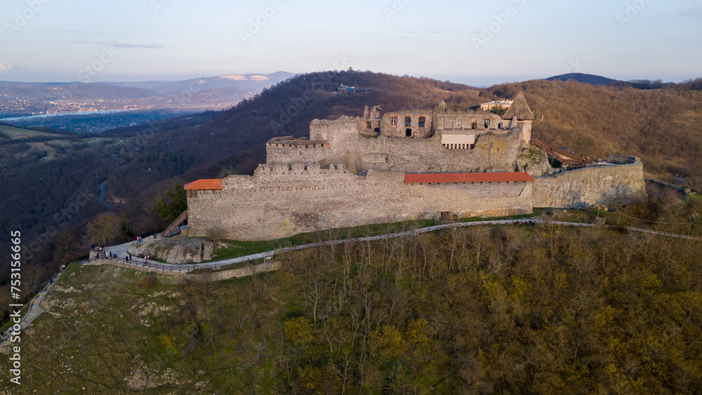 Aerial photos of the Visegrad Castle in Hungary on a sunny winter day.
Drone Photo, Visegrádi Fellegvár, Visegrad Castle, Duna, Danube, Sunny Winter Day