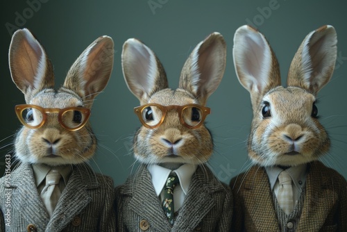 Trio of anthropomorphic rabbits dressed in vintage suits and eyewear against a gray background