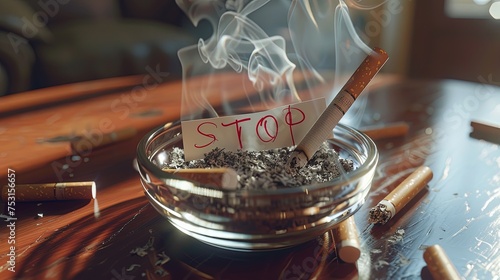 World No Tobacco Day. Close photo of a smoking cigarette in an ashtray on a wooden table. Stop smoking. Copy space.