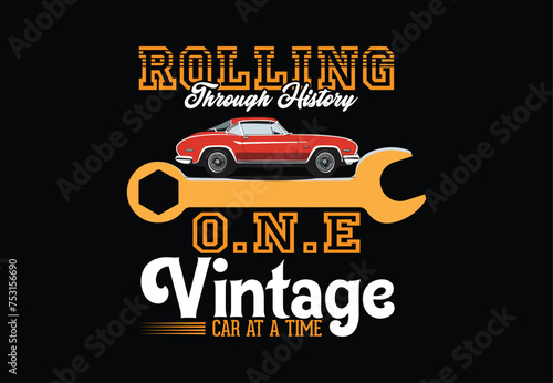T-shirt label with illustration of vintage fire truck.