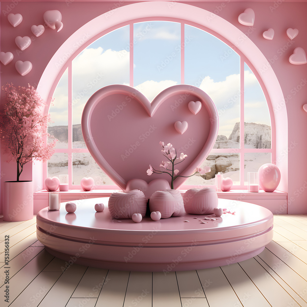 Abstract 3D white room with pink cylinder pedestal or stand podium in hearth shape window. Valentine day minimal scene for product display presentation. Vector geometric rendering platform design.