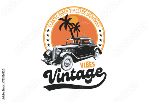 T-shirt label with illustration of vintage fire truck.