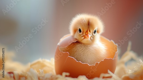 cute young fluffy easter chick baby hatches from the eggshell