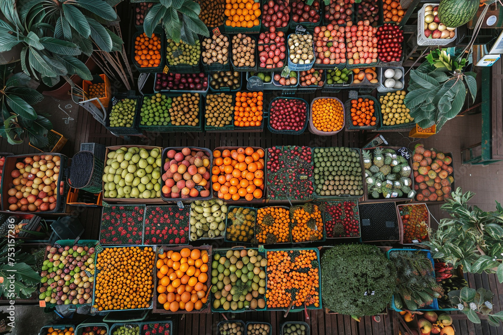 Aerial View of Colorful Fresh Fruit Stand Market - obrazy, fototapety, plakaty 