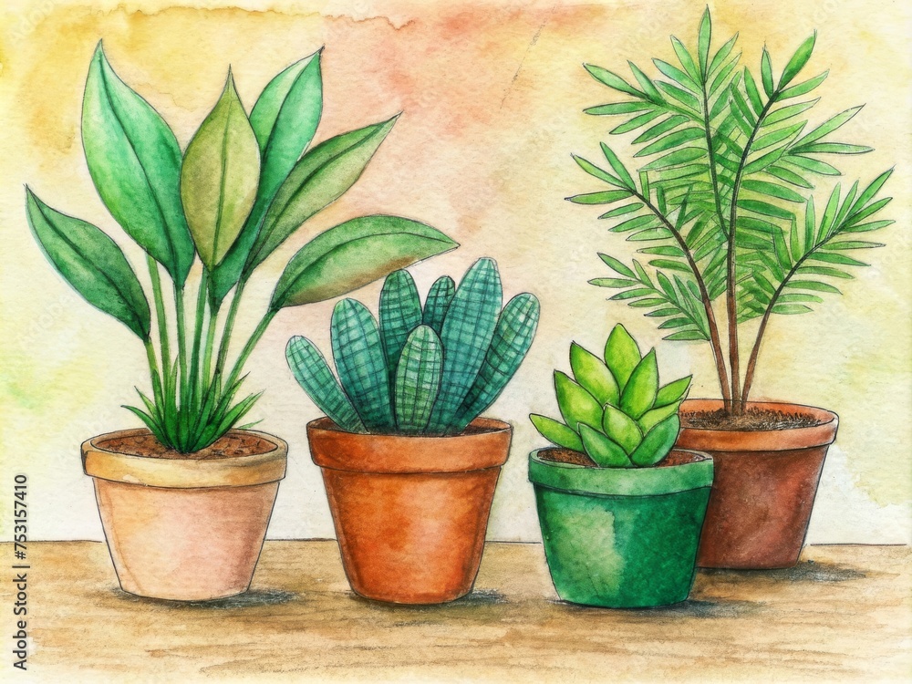 A charming watercolor painting of diverse potted plants with a warm background. A charming watercolor painting of diverse potted plants with a warm background.