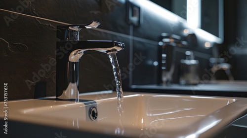 Close-up sink with faucet with running water in darkbathroom