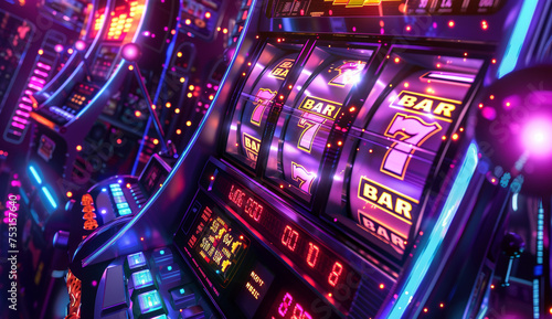 Colorful Casino Slot Machines with Vibrant Neon Lights photo