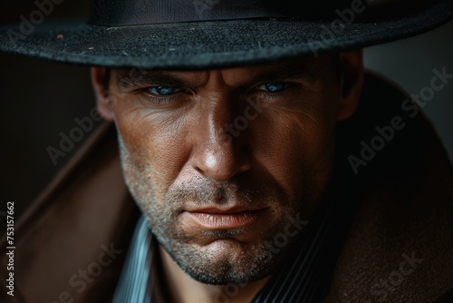 Detailed close-up of a man's stylish hat and coat with deep, rich tones and textures