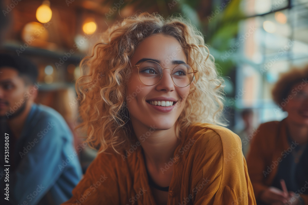 Young woman employee wearing glasses smiling in a modern cozy meeting room, with a relaxed work-life balance atmosphere. Young woman employee wearing glasses smiling in a modern cozy meeting room, with a relaxed work-life balance atmosphere.